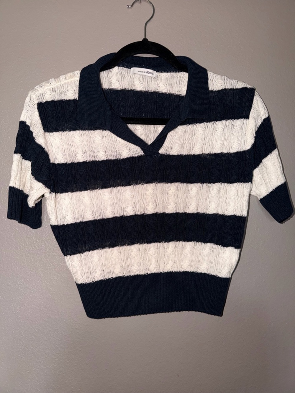 Striped Navy and White Short-Sleeve Polo Sweater